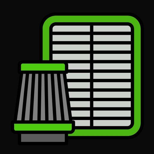 A green and black filter set on a deep black surface.