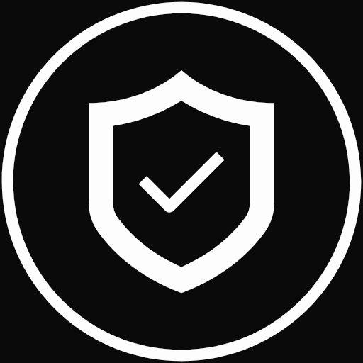 A black and white shield with a check mark, conveying a sense of approval or safety.